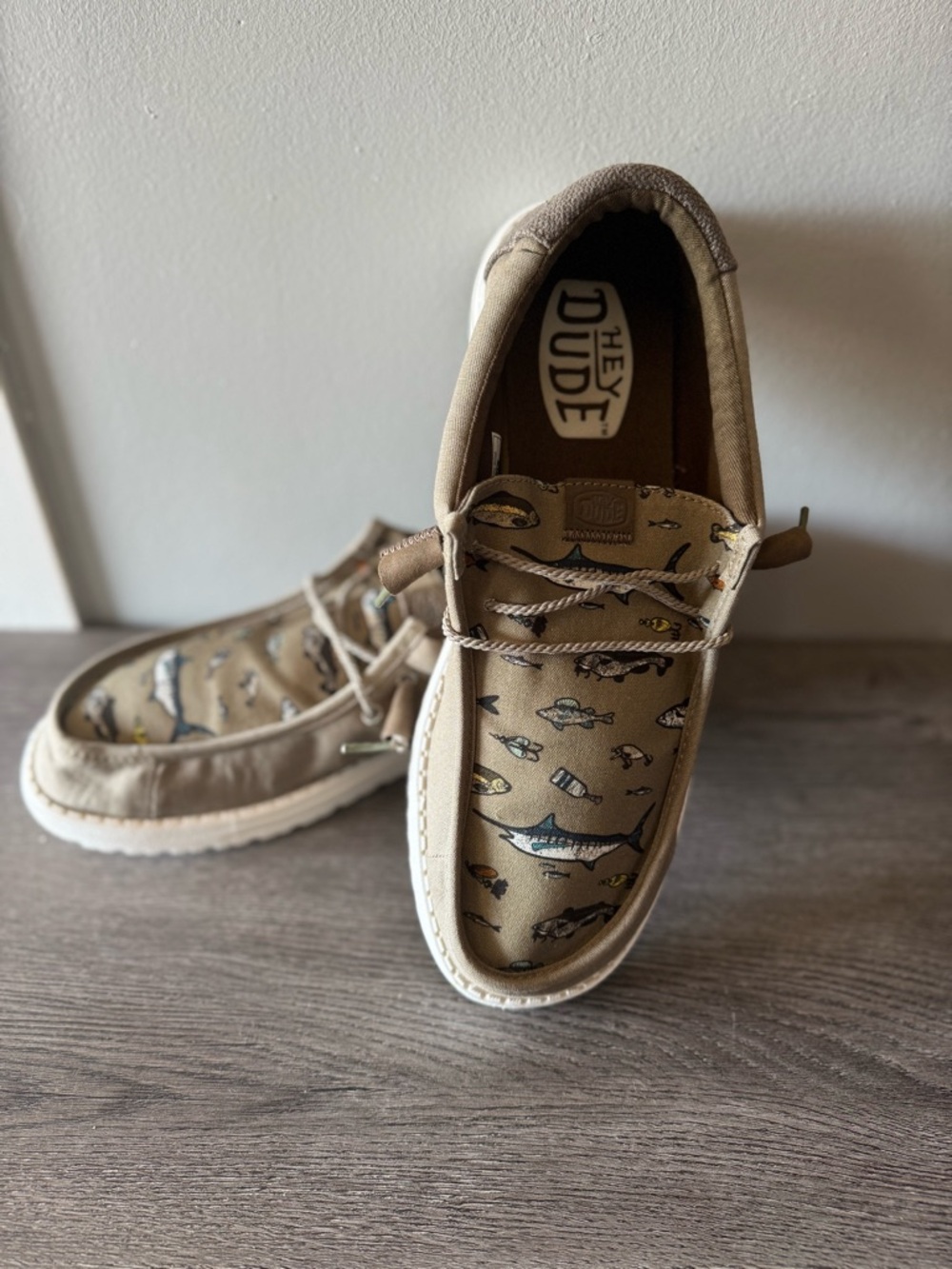 Hey Dude Khaki Printed Slip-On Loafers with Fishing Motif